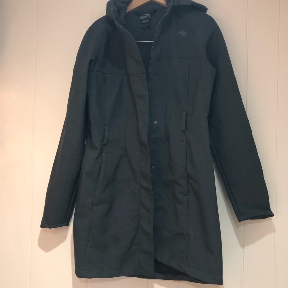 The North Face grey soft shell long jacket small hood